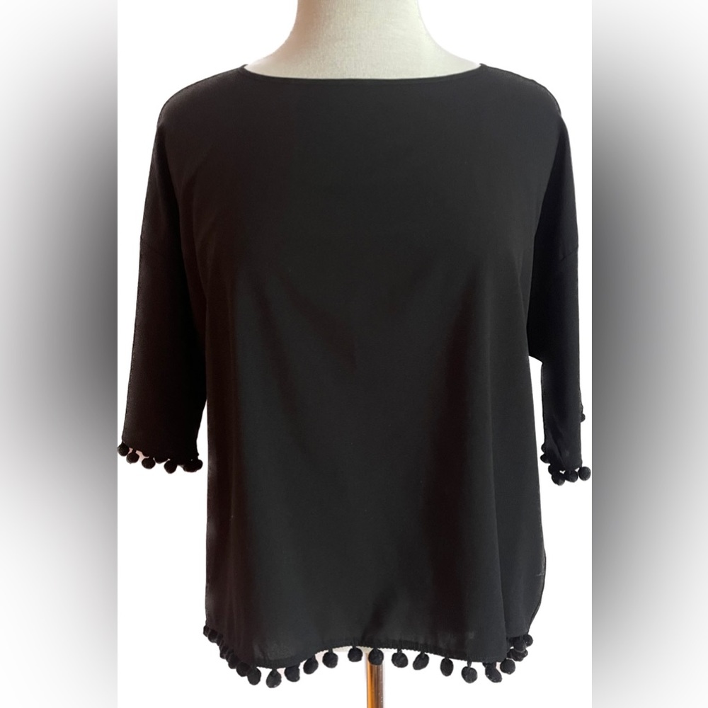 French Connection Black Blouse with Pom-Pom Trim